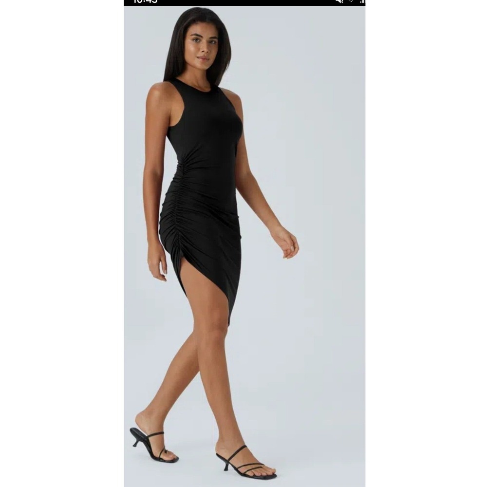 Halara Round Neck Ruched Asymmetric Hem Bodycon Mini Casual Dress Black XS‎ NEW